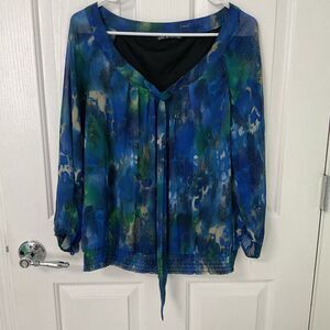 Zac & Rachel Shirt Green Blue Abstract Lightweight Blouse Smocked Hem Large